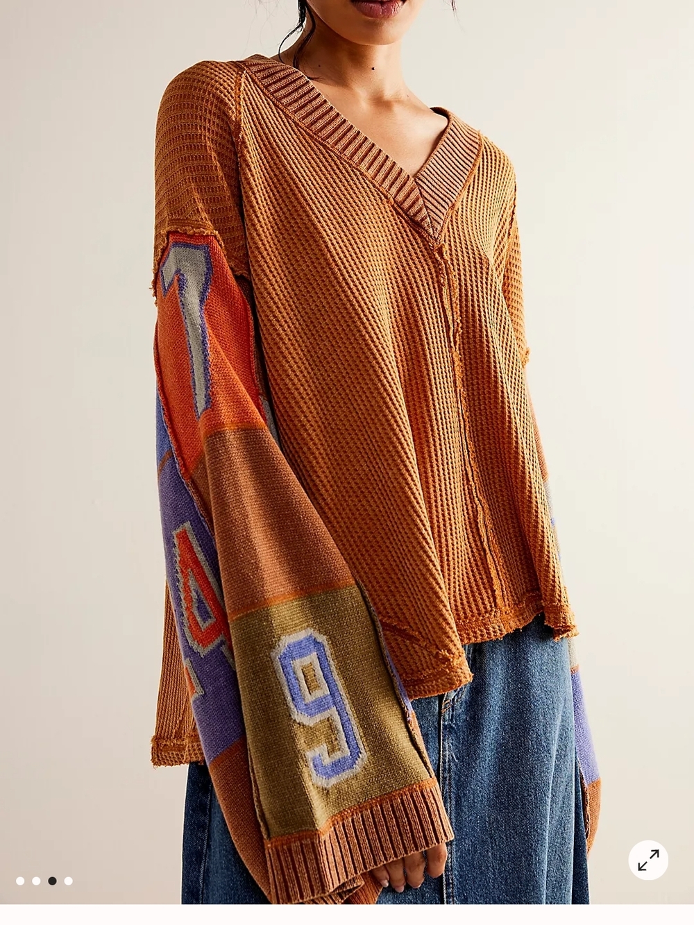 We The Free Rust V-Neck Sweater with Orange and Purple Sleeve Panels